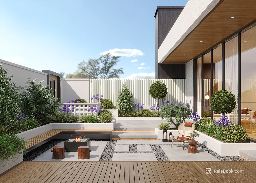 Courtyard Garden Design Featuring Wooden Deck Fire Pit Seating Area Stone Pathway And Trimmed Shrubs 3d model 