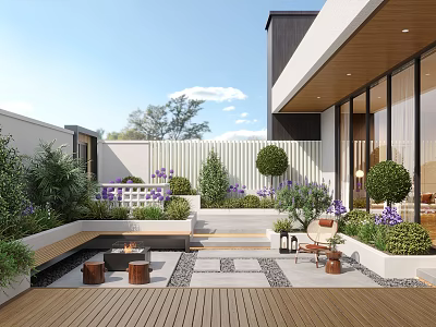 Courtyard Garden Design Featuring Wooden Deck Fire Pit Seating Area Stone Pathway And Trimmed Shrubs 3d model
