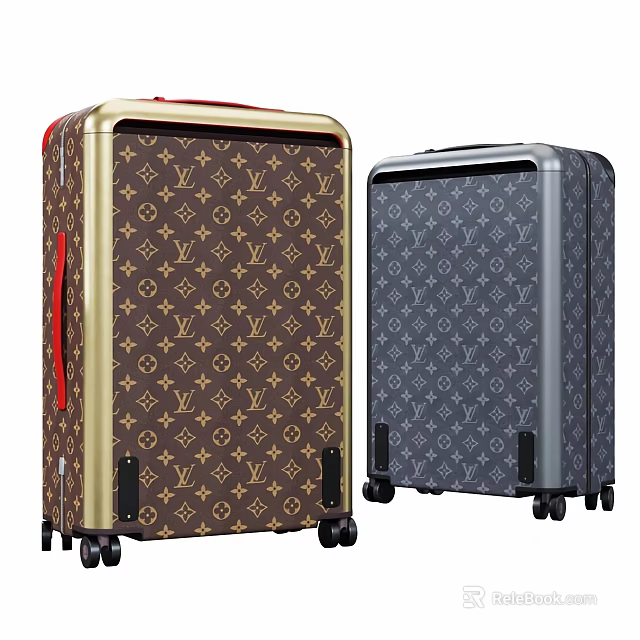 Luxury Luggage Suitcases With Classic Monogram Pattern Brown Gray Gold Silver Frames Red Handle And Stylish Design 3d model 