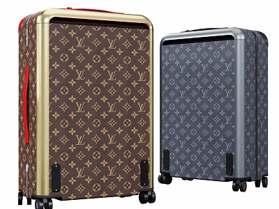 Luxury Luggage Suitcases With Classic Monogram Pattern Brown Gray Gold Silver Frames Red Handle And Stylish Design 3d model