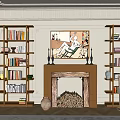Modern bookshelf Middle wooden bookshelf Wooden fireplace combination Book ornaments combination 3d model