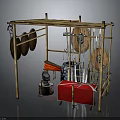 Traditional Weapons Displayed on Bamboo Frame With Shields and Spears 3d model