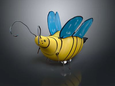Cute Cartoon Bee Figure With Yellow Black Striped Body And Blue Wings 3d model