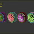 Stylish Car Alloy Wheels With Colorful Rims And Shiny Reflective Design On Black Background