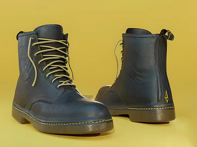 Navy Blue Leather Boots With Yellow Laces And Yellow Stitching On Sole 3d model
