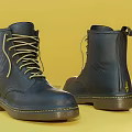 Navy Blue Leather Boots With Yellow Laces And Yellow Stitching On Sole