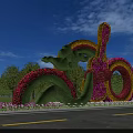 Creative Shrub Sculpture With Green Foliage Colorful Flowers Blue Sky And Trees