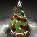 Christmas Themed Art Installation With Tree Shaped Green Spheres Red Flowers And Star Top