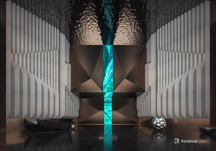 Modern Hotel Lobby Design With Vertical Blue Feature And Textured Wall Panels 3d model 
