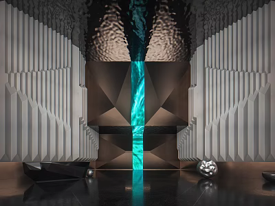 Modern Hotel Lobby Design With Vertical Blue Feature And Textured Wall Panels 3d model