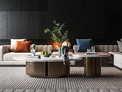 Modern Coffee Table with Metallic Frame in Living Room with Sofa Green Plant and Decorations 3d model