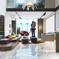 Modern Apartment With Glass Railing Staircase Sofa Colorful Pillows Chandelier Green Plants And Marble Floor