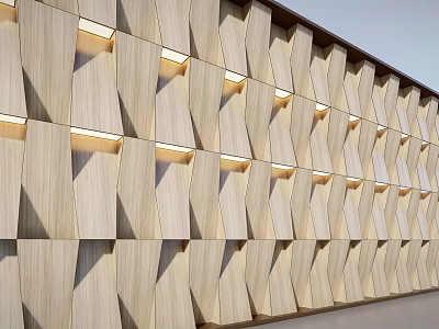 Wooden Feature Wall With Geometric Slats And Integrated Lighting For Warm Natural Wood Grain Illumination 3d model