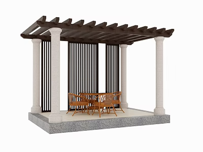 Outdoor Pergola Featuring Wooden Grid Roof And Stone Columns With Garden Seating 3d model