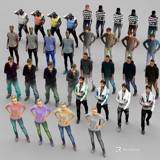 Group of people in various poses and different clothing styles standing together 3d model 