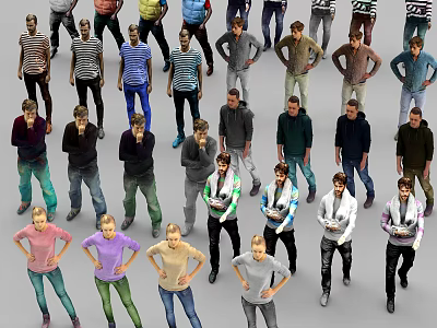 Group of people in various poses and different clothing styles standing together 3d model