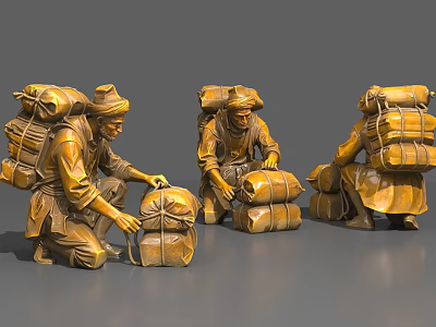 Yellow Landscape Sculptures Depicting Three Men Kneeling And Adjusting Packages 3d model