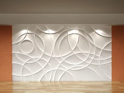 White Background Wall Featuring Circular Line Design With Orange Side Walls Wooden Floor And Lighting 3d model