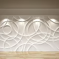 White Background Wall Featuring Circular Line Design With Orange Side Walls Wooden Floor And Lighting