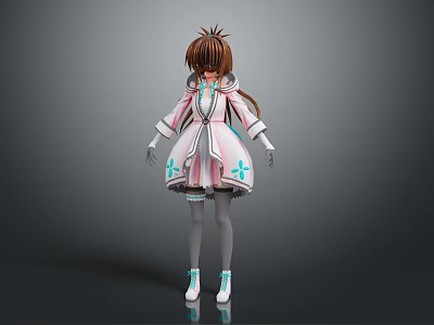 Anime Girl Wearing Pink Dress With Blue Cross Patterns Gray Stockings And Blue White Shoes 3d model
