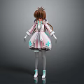 Anime Girl Wearing Pink Dress With Blue Cross Patterns Gray Stockings And Blue White Shoes