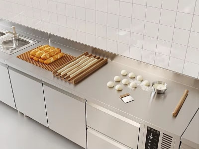 Fresh Dough and Bread Rolls on Stainless Steel Kitchen Countertop with White Tile Backsplash 3d model