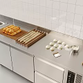 Fresh Dough and Bread Rolls on Stainless Steel Kitchen Countertop with White Tile Backsplash