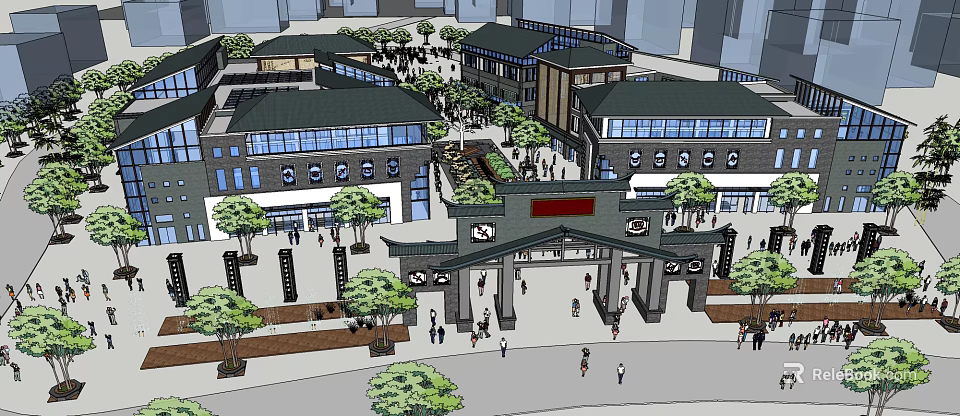 Bustling Traditional Commercial Street with Plaza Gateway Trees Pedestrians and Shops 3d model 