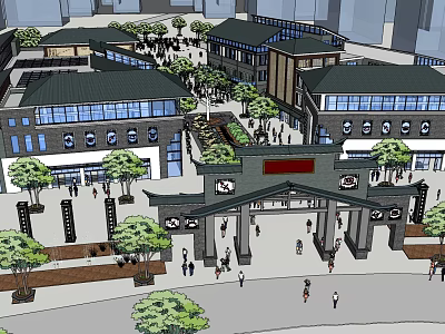 Bustling Traditional Commercial Street with Plaza Gateway Trees Pedestrians and Shops 3d model