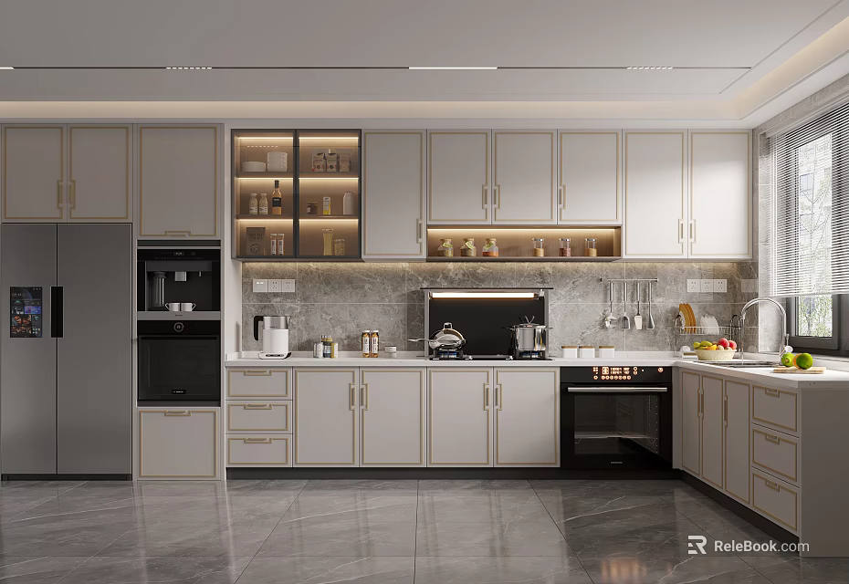 Modern Kitchen Interior With White Cabinets Gray Refrigerator Countertop And Appliances 3d model 
