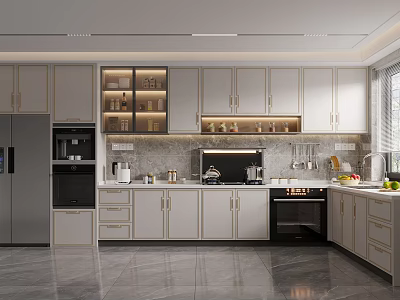 Modern Kitchen Interior With White Cabinets Gray Refrigerator Countertop And Appliances 3d model