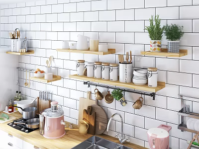 Organized Kitchen With White Tile Wall Wooden Shelves Cookware Jars Mugs Knives And Green Plants 3d model