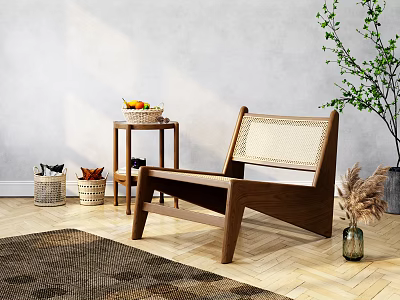 Wooden Leisure Chair With Woven Backrest Side Table Plant And Rug On Wooden Floor 3d model