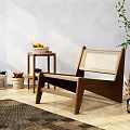 Wooden Leisure Chair With Woven Backrest Side Table Plant And Rug On Wooden Floor