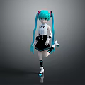 Anime Style Virtual Character Standing Pose With Teal Twin Tails Black White Outfit