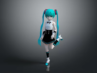 Anime Style Virtual Character Standing Pose With Teal Twin Tails Black White Outfit 3d model