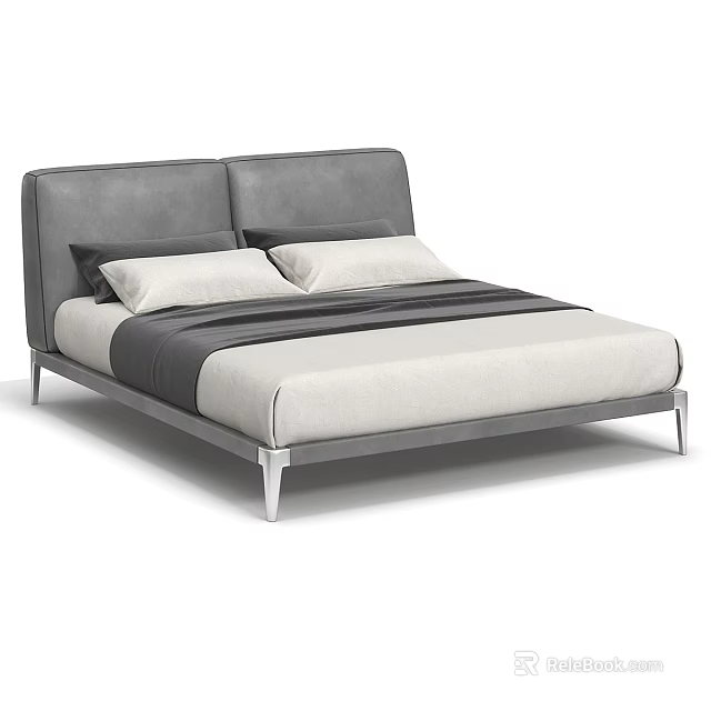Minimalist Double Bed with Grey Upholstered Headboard Silver Metal Frame and Beige Bedding 3d model 