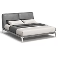 Minimalist Double Bed with Grey Upholstered Headboard Silver Metal Frame and Beige Bedding