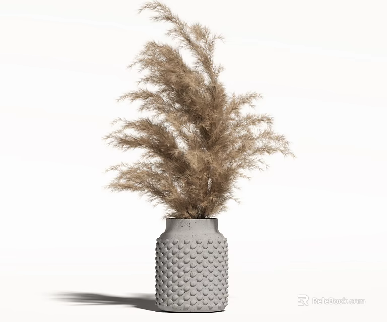 Gray Honeycomb Textured Vase with Dried Brown Pampas Grass on White Background 3d model 