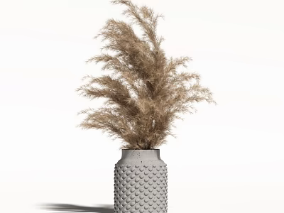 Gray Honeycomb Textured Vase with Dried Brown Pampas Grass on White Background 3d model