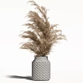Gray Honeycomb Textured Vase with Dried Brown Pampas Grass on White Background