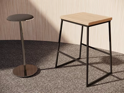 Modern Stools with Square Wooden Top and Round Metal Base Design 3d model