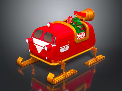 Festive Red Christmas Sleigh Decoration With Golden Bell Tree And Gifts 3d model