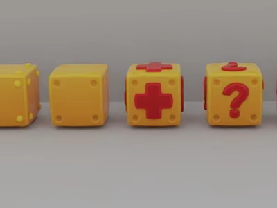 Yellow Game Cubes with Red Cross and Question Mark for Board Game Entertainment 3d model
