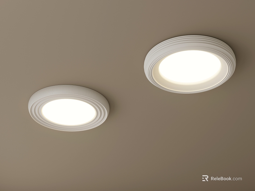Two Round White Flush Mount Ceiling Lights With Textured Frame And Bright Illumination On Ceiling 3d model 