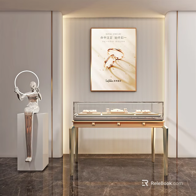 Jewelry Display Showcase With Glass Counter And Sculpture In Luxurious Retail Interior Design 3d model 