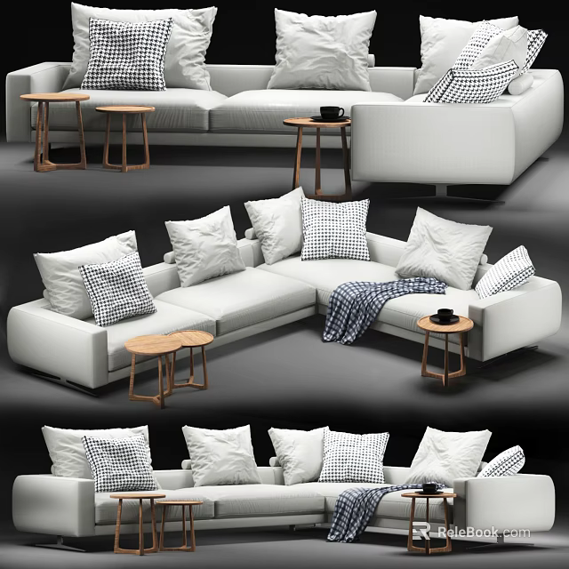 Cozy White Large Sectional Sofa With Patterned Pillows Wooden Side Tables And Throw Blanket 3d model 