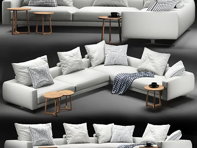 Cozy White Large Sectional Sofa With Patterned Pillows Wooden Side Tables And Throw Blanket 3d model