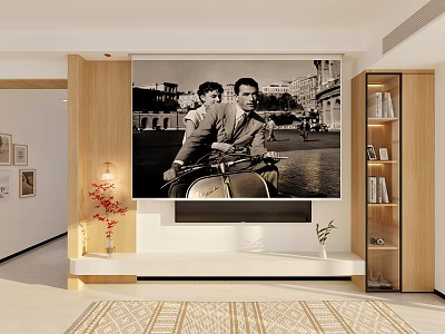 Modern Living Room Interior With Large Screen Projection Monitoring System And Wooden Decor 3d model