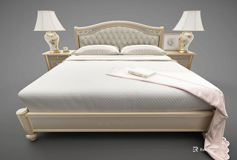 Elegant Modern Double Bed With Carved Headboard Nightstands Table Lamps Pillows Pink Blanket And Book 3d model 